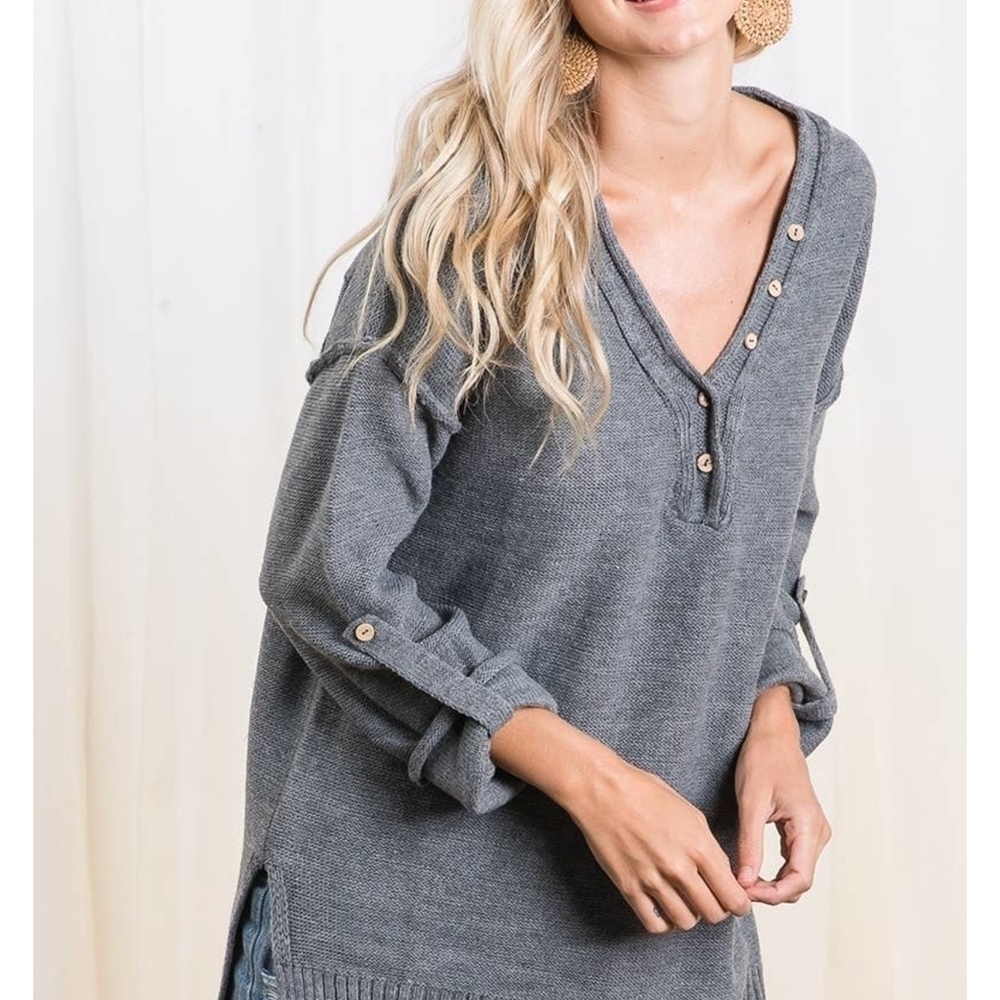 Ces Femme Roll-up Sleeve Lightweight Gray Tunic Sweater